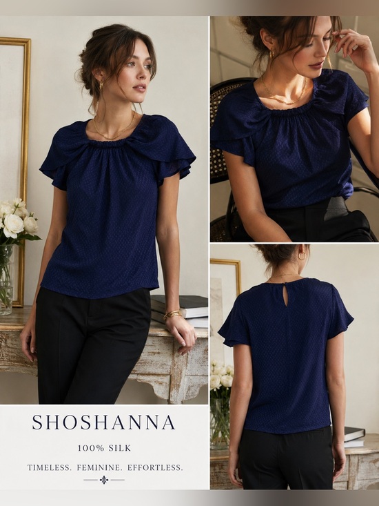 Shoshanna Tops - Shoshanna Silk Navy Petal Collar Jacquard Blouse Medium